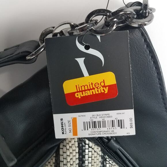 Simply Vera Wang Crossbody Purse Black White Stripes w/ Chain Accent Strap - Picture 8 of 8